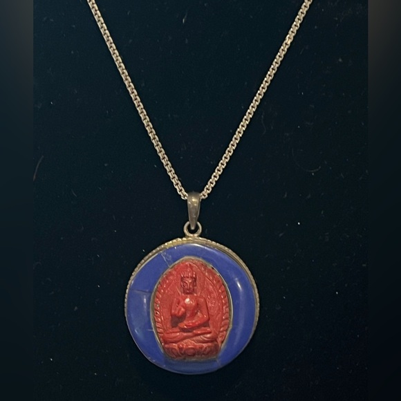 Sterling Silver Buddha Pendant Necklace - Lapis and Red lacquer.